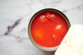 preserved caned tomato on table Royalty Free Stock Photo