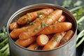 Preserved carrots in metal can Royalty Free Stock Photo