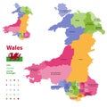 Preserved counties of Wales vector administrative map with districtscities, counties and city boroughs. Welsh-language forms are