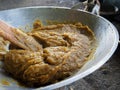 Preserved durian in the pan. Local dessert in South of Thailand. Ingredients durians and sugar