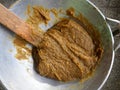 Preserved durian in the pan. Local dessert in South of Thailand. Ingredients durians and sugar