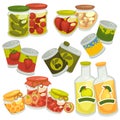 Preserved food in jars and bottles collection on white Royalty Free Stock Photo