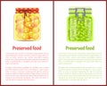 Preserved Food Poster Pea and Olives in Glass Jars Royalty Free Stock Photo