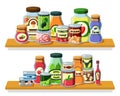 Preserved food, products in cans flat vector illustration