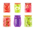 Preserved fruit and vegetables set vector icons Royalty Free Stock Photo