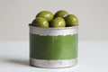 Preserved green olives in can Royalty Free Stock Photo