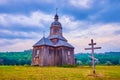 Preserved wooden St Nicholas Church in historical Cossack Village Scansen in Stetsivka village, Ukraine