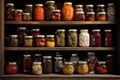 preserved jams, jellies, and sauces in a pantry