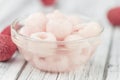 Preserved Lychees selective focus on vintage wooden background