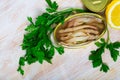 Preserved natural ensis with herbs and lemon Royalty Free Stock Photo