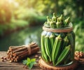 Preserved okra in a jar pictured in nature