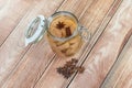Preserved Pear Compote with Star Anise and Cinnamon in Glass Jar Royalty Free Stock Photo