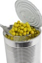 Preserved peas vegetable in metal spoon closeup