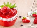 Fruity Goodness: Scrumptious Strawberry Jam Showcased on a Vibrant Table Display