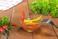 Preserved Pickled Chilli Peppers in Glass Bowl with Fork, Fresh