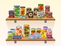 Preserved products shelves. Canned food, grocery goods, tins, glass jars, pickles, jams, meat and fish, long term