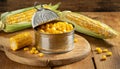 Preserved Sweetcorn in an Open Can and Ripe Corn Cobs - Generative Ai
