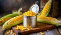 Preserved Sweetcorn in an Open Can and Ripe Corn Cobs - Generative Ai