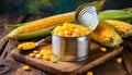 Preserved Sweetcorn in an Open Can and Ripe Corn Cobs - Generative Ai