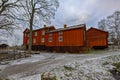 Preserved traditional swedish old red ochre wooden farm house in Skansen open-air museum. Stockholm, Sweden Royalty Free Stock Photo