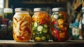Preserved vegetables in glass jars on rustic wooden table