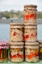 Preserved vegetables in glass jars.