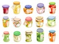 Preserved vegetables. Pickled food glass jars homemade marinades, kitchen meal preservation canning fruit tomatoes