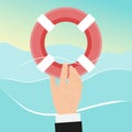 Preserver rescue businessman with lifebuoy. Drowning man in water gets a life buoy. Helping business to survive vector Royalty Free Stock Photo