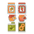 Preserves or preserved food jars bottles, jams and pickles vector icons Royalty Free Stock Photo