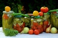 Preserves vegetables in glass jars on the table in summer garden. glass jars with various vegetables