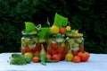 Preserves vegetables in glass jars on the table in summer garden. glass jars with various vegetables