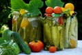 Preserves vegetables in glass jars on the table in summer garden. glass jars with various vegetables