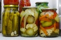 Preserves vegetables in glass jars.Various canned vegetables. Home canning