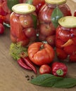 Preserves vegetables in glass on wood background, marinated fermented and pickled fermer food Royalty Free Stock Photo