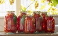 Preserves vegetables in glass on wood background, marinated fermented and pickled fermer food Royalty Free Stock Photo