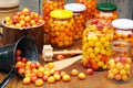 Preserving Mirabelle plums - jars of homemade fruit preserves Royalty Free Stock Photo