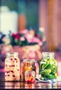 Preserving. Pickles jars. Jars with pickles, pumpkin dip, white cabbage, roasted red yellow pepper. Pickled Vegetables. Vegetable Royalty Free Stock Photo