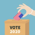 President election day Vote 2020. Ballot Voting box Woman holding American flag paper blank bulletin concept. Polling station.