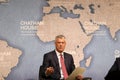 President of Kosovo Hashim ThaÃÂ§i gives a speak on relations between his country and Serbia, at