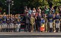 President of Romania Klaus Iohannis decorated the battle flags on the occasion of the end of the army mission in Afghanistan Royalty Free Stock Photo