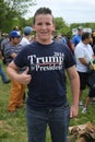Presidential candidate Donal Trump supporter wears t-shirt with sign Trump 2016 for President.
