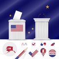 Presidential elections in Alaska. Vector flag, ballot box, speaker`s podium, map and voting icon set