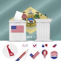 Presidential elections in Delaware. Vector flag, ballot box, speaker`s podium, map and voting icon set