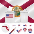 Presidential elections in Florida. Vector flag, ballot box, speaker`s podium, map and voting icon set