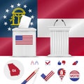 Presidential elections in Georgia. Vector flag, ballot box, speaker`s podium, map and voting icon set