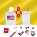 Presidential elections in New Mexico. Vector flag, ballot box, speaker`s podium, map and voting icon set
