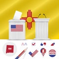 Presidential elections in New Mexico. Vector flag, ballot box, speaker's podium, map and voting icon set