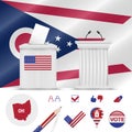 Presidential elections in Ohio. Vector flag, ballot box, speaker`s podium, map and voting icon set