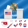 Presidential elections in Oklahoma. Vector flag, ballot box, speaker`s podium, map and voting icon set