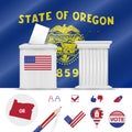 Presidential elections in Oregon. Vector flag, ballot box, speaker`s podium, map and voting icon set